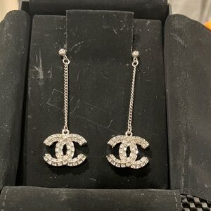 CHANEL Silver Chain Logo Earrings